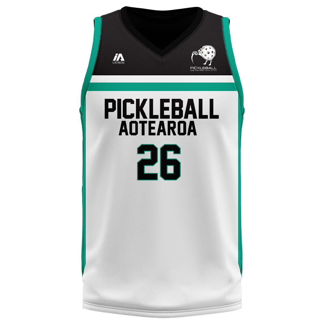 Pickleball NZ Playing Singlet - White/Black/Teal